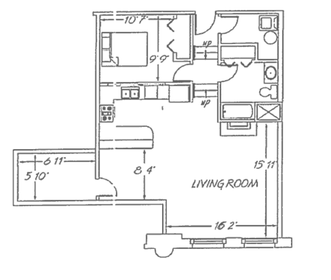 Floor plan for 1 bed, 1 bath, 821 sqft